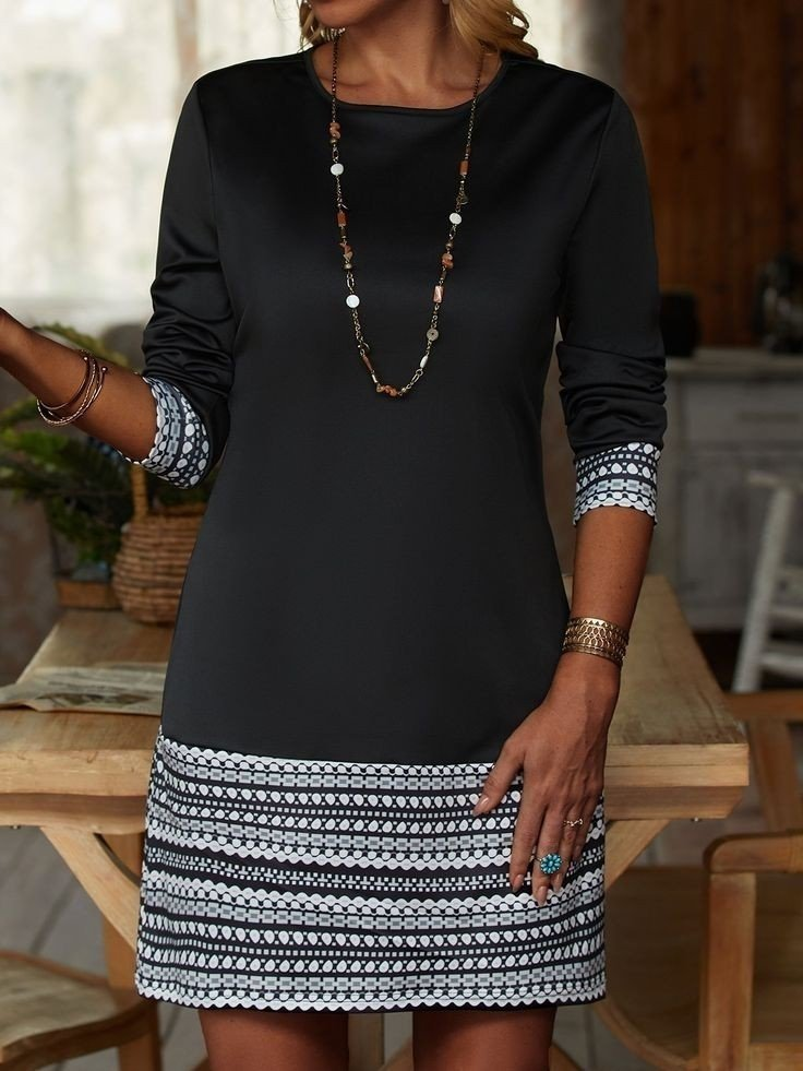 Kadın Uzun Kollu Bisiklet Yaka Kol Ağzı Ve Etek Ucu Baskılı Iki Iplik Elbise - Görsel 15