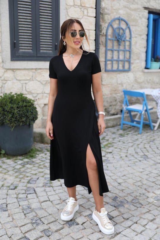 Kadın Kısa Kollu V Yaka Maxi Boy Elbise 124 Cm - Görsel 6