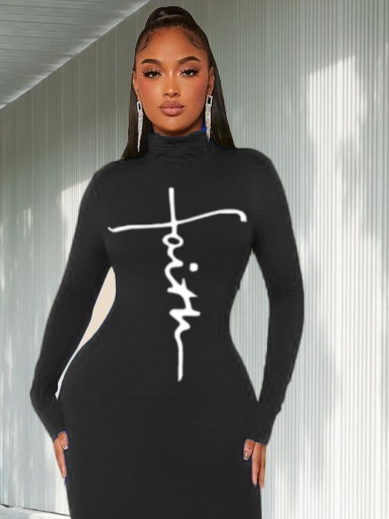 Kadın Uzun Kollu Boğazlı Baskı Detaylı Viskon Tam Boy Elbise - Görsel 14