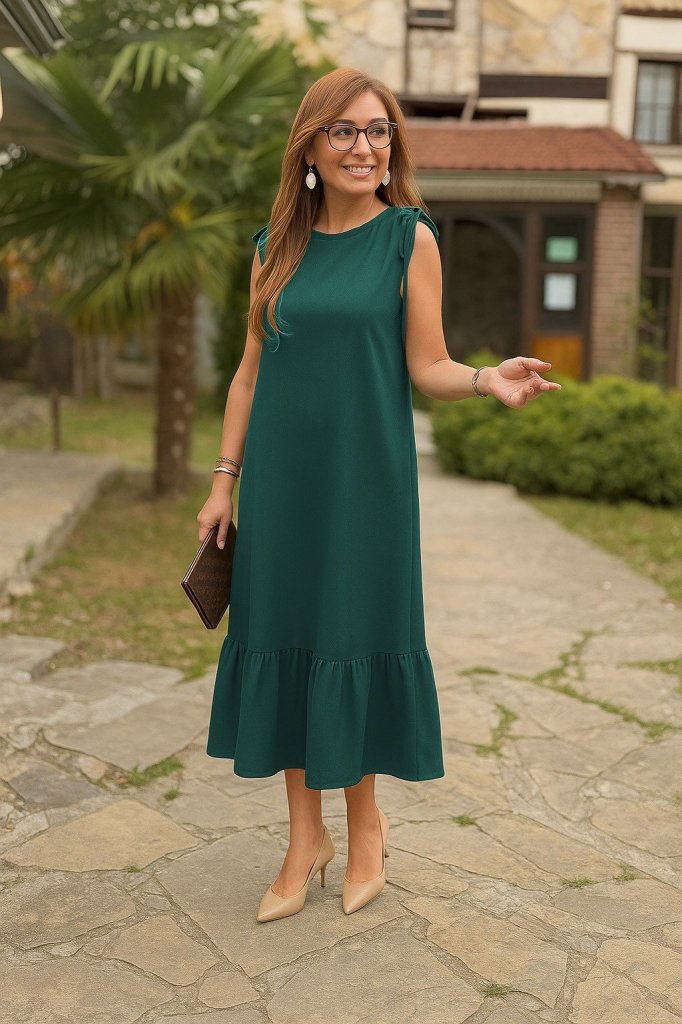 Kadın Omuzlardan Büzgülü Kayık Yaka Fırfırlı Janjan Krep Elbise - Görsel 16