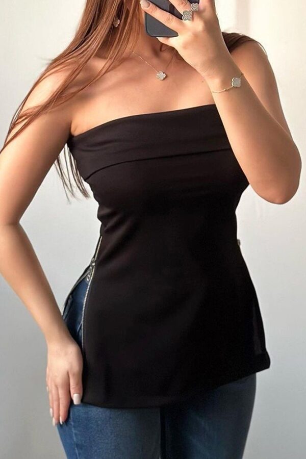 Kadın Kolsuz Iki Yanı Fermuarlı Straplez Dalgıç Bluz