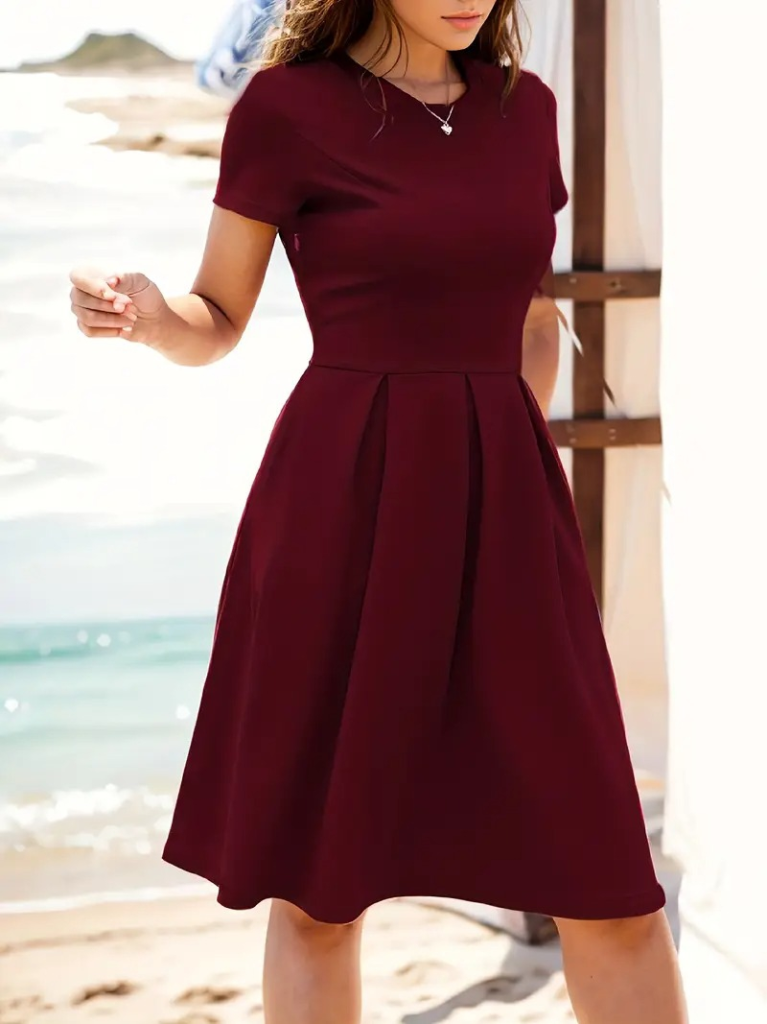 Kadın Kısa Kollu Bisiklet Yaka önden Pile Detaylı Janjan Krep Elbise - Görsel 9