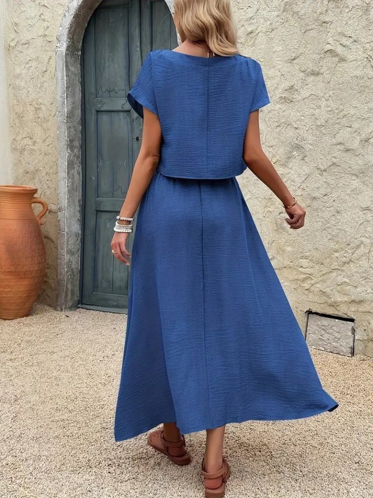 Kadın Kısa Kollu Bisiklet Yaka Bluz Etekli Ithal Keten Ikili Takım - Görsel 5