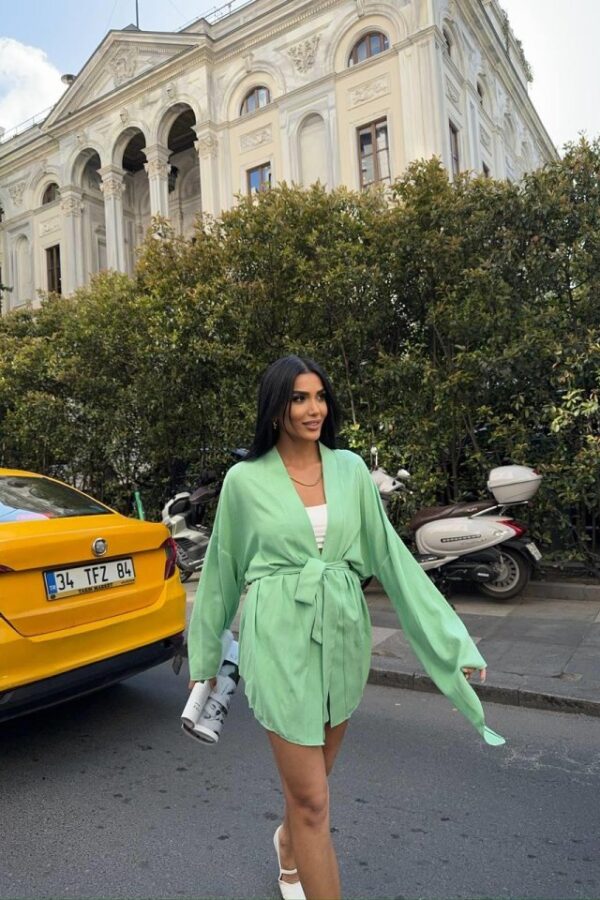 KETEN BAĞLAMALI KOLSUZ GÖMLEK - DUBLE PAÇA ŞORT TAKIM - Yeşil