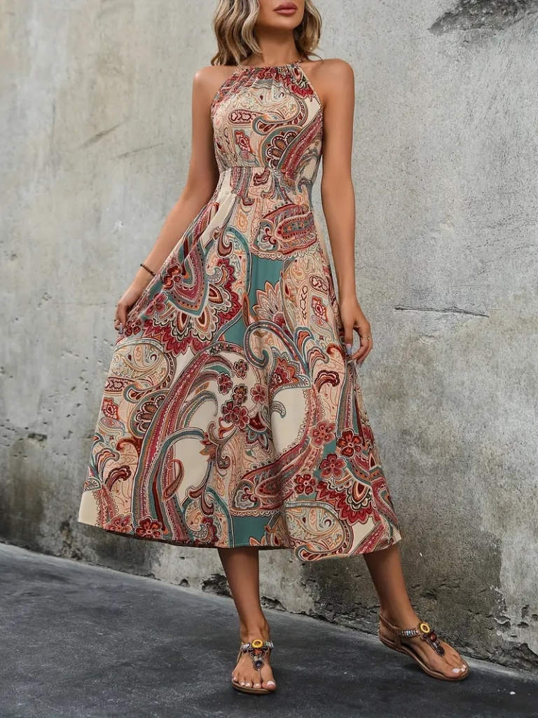 Kadın Kolsuz Boyundan Bağlamalı Beli Lastikli Dijital Baskı Süprem Uzun Elbise - Görsel 4