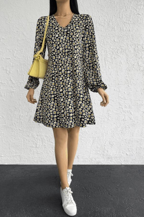 Kadın Uzun Kollu V Yaka çiçek Desenli Helen Kumaş Elbise