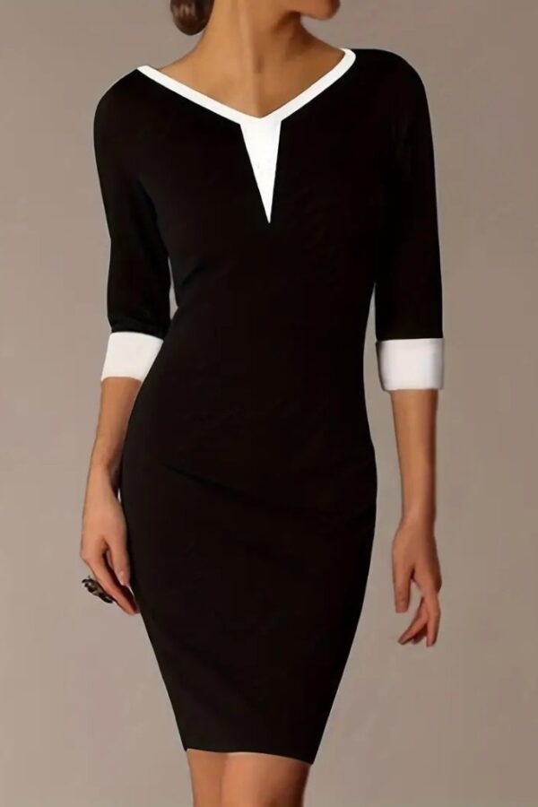 Kadın Truvakarkol V Yakalı Blok Renkli Kısa Janjan Krep Elbise