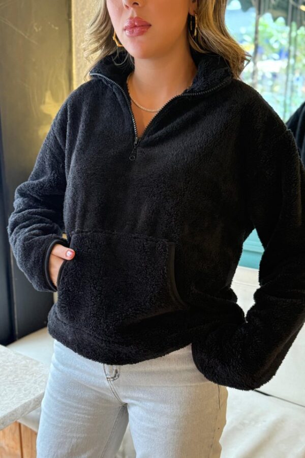 Kadın Uzun Kollu önden Fermuarlı Cepli Peluş Sweat