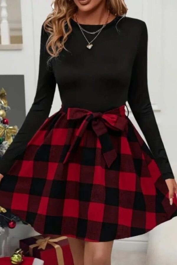 Kadın Uzun Kollu Bisiklet Yaka üst Viskon Alt Ekose Kısa Elbise