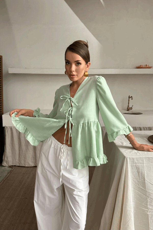 KETEN BLUZ ÖNDEN BAĞLAMALI FIRFIR DETAYLI - Beyaz