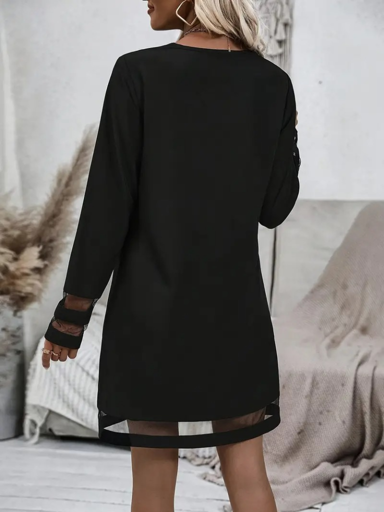 Kadın Uzun Kollu V Yakalı şeritli Tül Detaylı Ithal Krep Elbise - Görsel 4