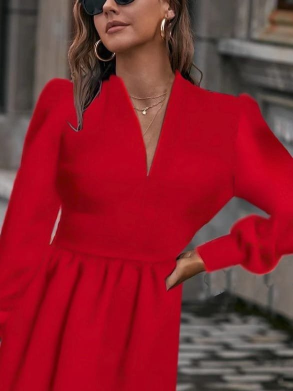 Kadın Uzun Kollu V Yaka Belden Hafif Pileli Scuba Krep Mini Boy Elbise - Görsel 2