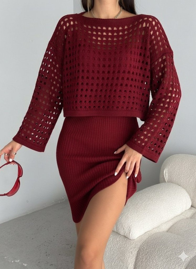 Kadın Uzun Kollu Delikli Kazak Askılı Elbise Triko Ikili Takım - Görsel 2