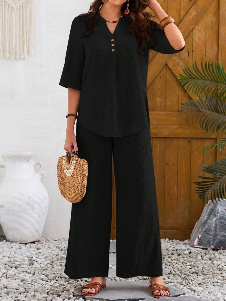 Kadın Kısa Kollu V Hakim Yaka Düğmeli Bürümcük Bluz Ve Pantolon Ikili Takım - Görsel 5