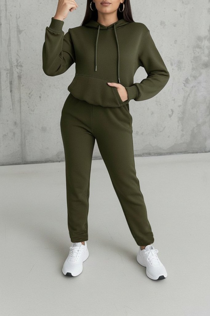 Kadın Uzun Kollu Kapşonlu Bağcıklı üç Iplik Bluz Ve Pantolon Ikili Takım - Görsel 8