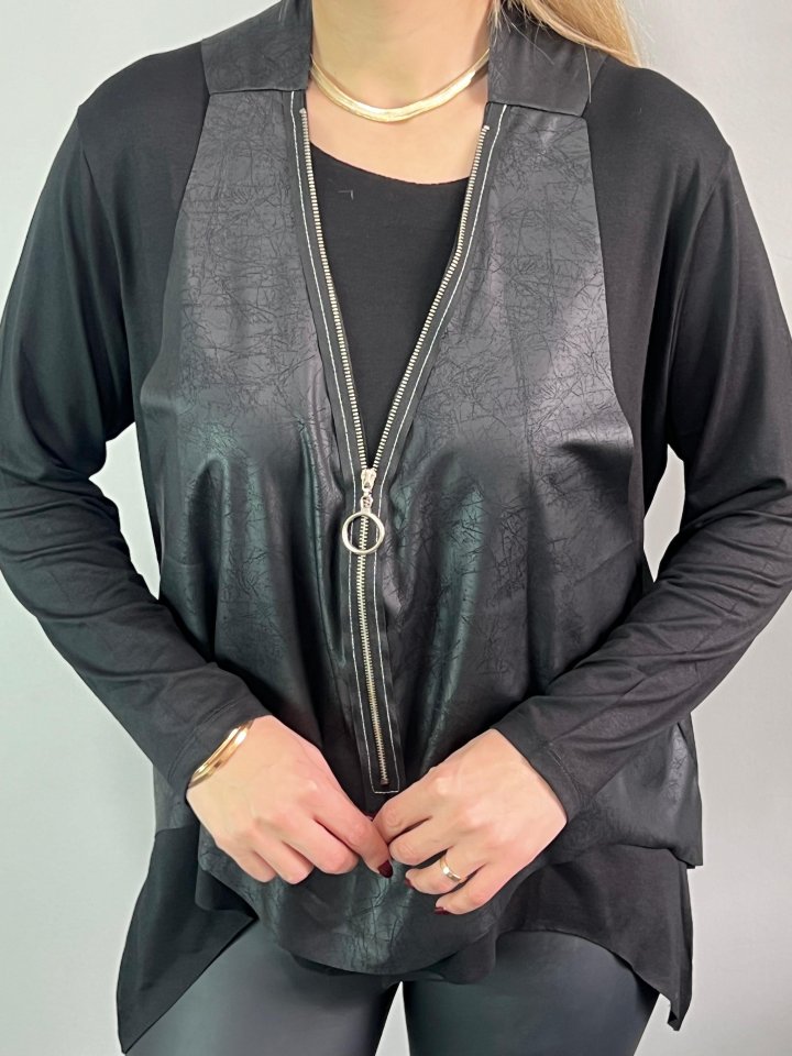 Kadın Uzun Kol Asimetrik Kesim Viskon Bluz Ve çatlak Deri Görünümlü Fermuar Detaylı Yelek Ikili Takım - Görsel 3