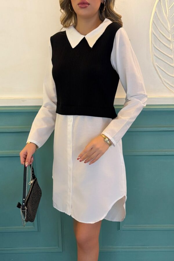 Kadın Uzun Kollu Gömlek Yaka çift Renkli Trikoton Elbise