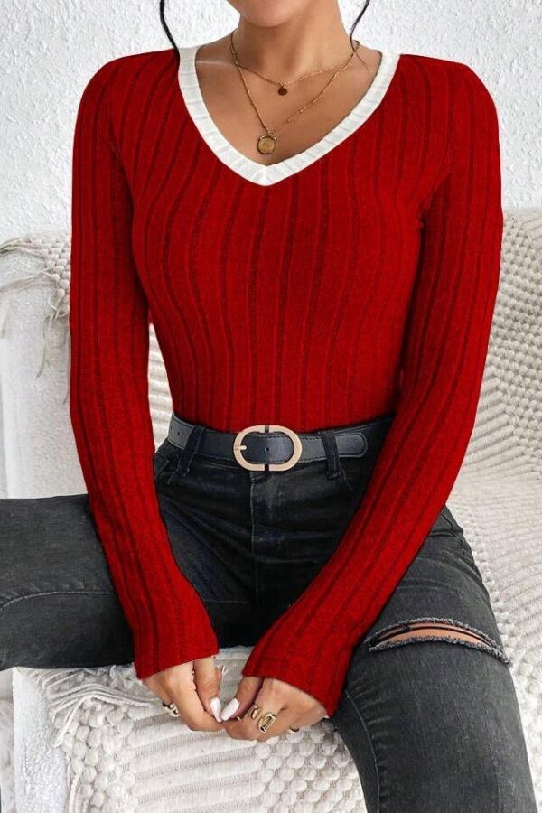 Kadın Uzun Kollu V Yaka Ribana Detay Fitilli Kaşkorse Kumaş Bluz