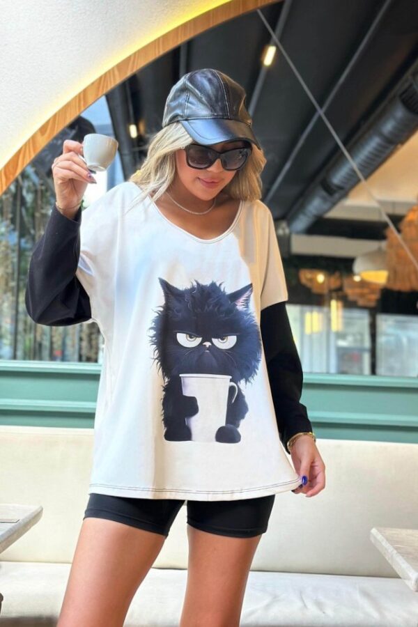 Kadın Uzun Kollu V Yakalı Kedi Baskılı şardonlu Dalgıç Bluz