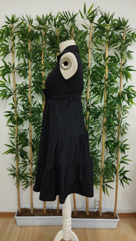 Kadın Kısa Kollu Gömlek Yaka Düğmeli Beli Kuşaklı Katlı Dokuma Midi Elbise - Görsel 7