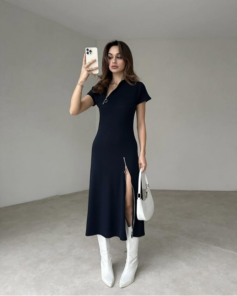 Kadın Kısa Kollu Yakadan Ve Etekten Fermuarlı Midi Viskon Iki Iplik Elbise - Görsel 13