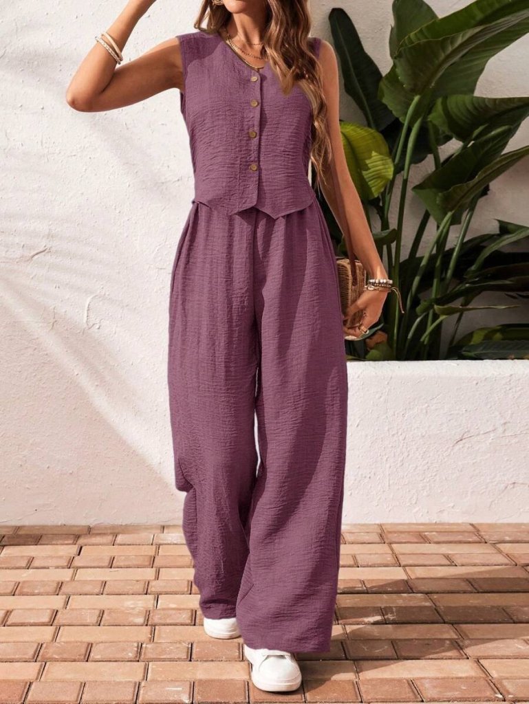 Kadın Sıfır Kollu Düğmeli Yelek Ve Pantolon Bürümcük Ikili Takım - Görsel 2