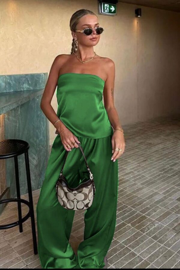 Kadın Likralı Saten Kumaş Straplez Bağlamalı Ikili Takım