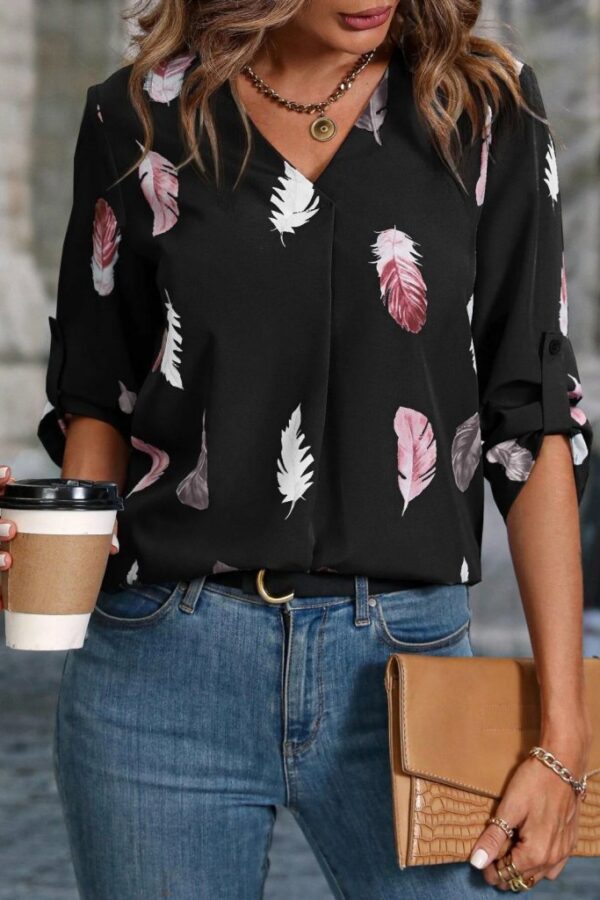 Kadın Yaprak Baskı Ayarlanabilir Fakir Kol Süper Soft Bluz