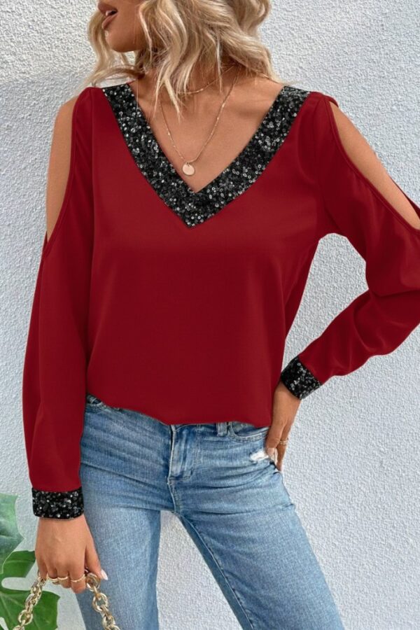 Kadın Uzun Kollu V Yakalı Omuzlardan Açık Sandy Bluz