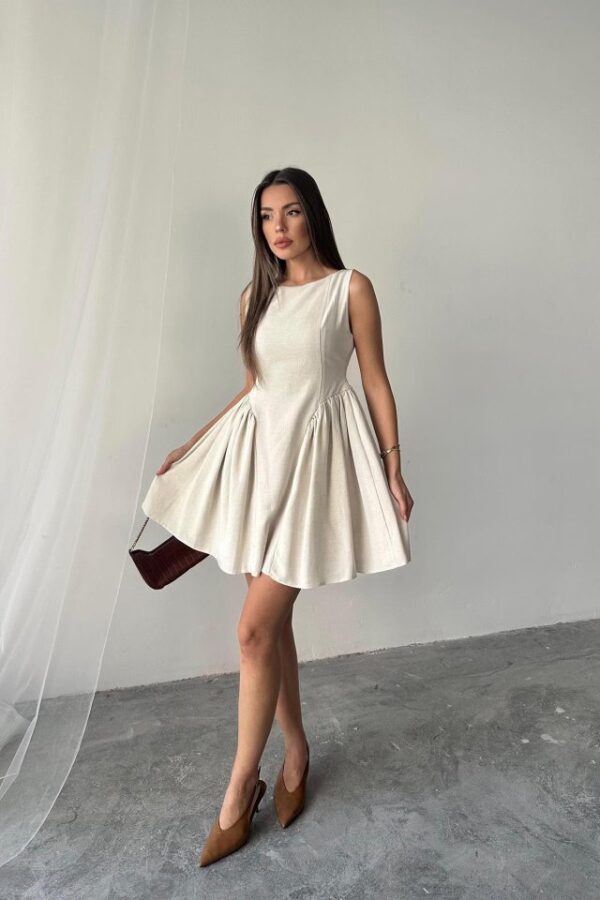 Fuşya Mini Boy Büzgülü Keten Elbise