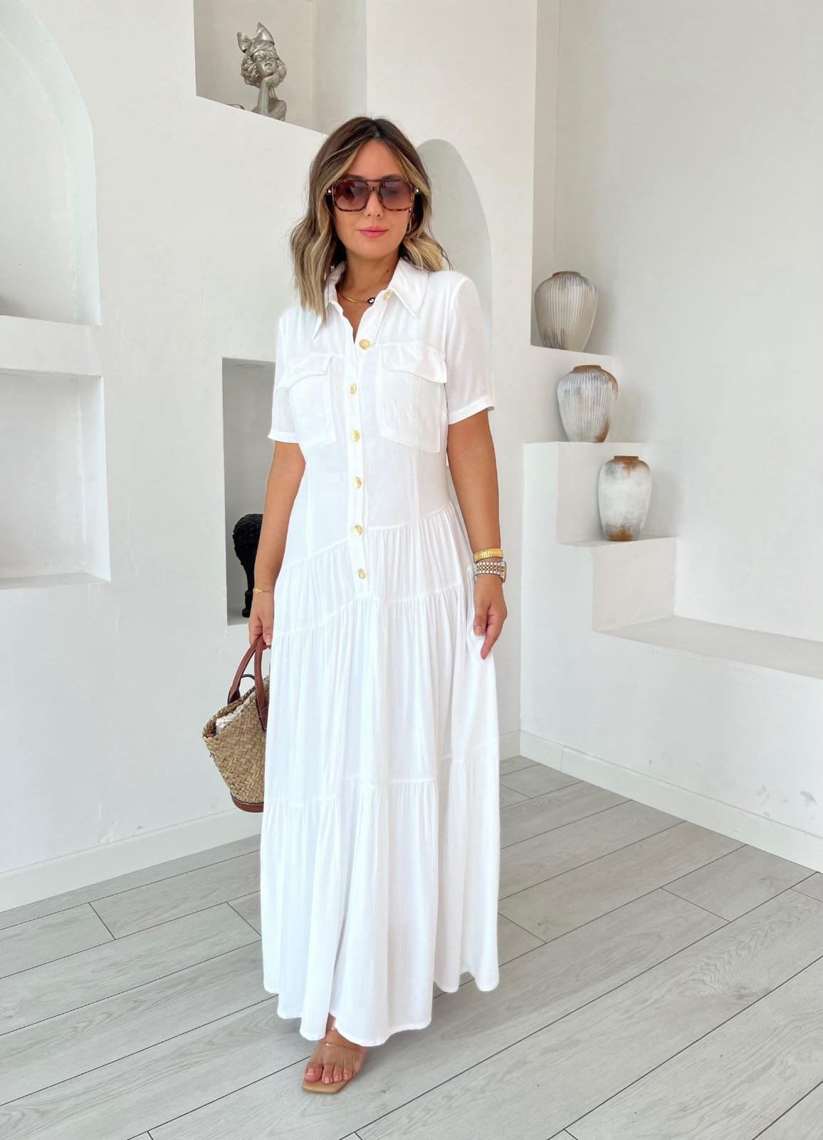 Kadın Dokuma Kumaş Cep Detaylı Maxi Boy Gömlek Elbise - Görsel 4