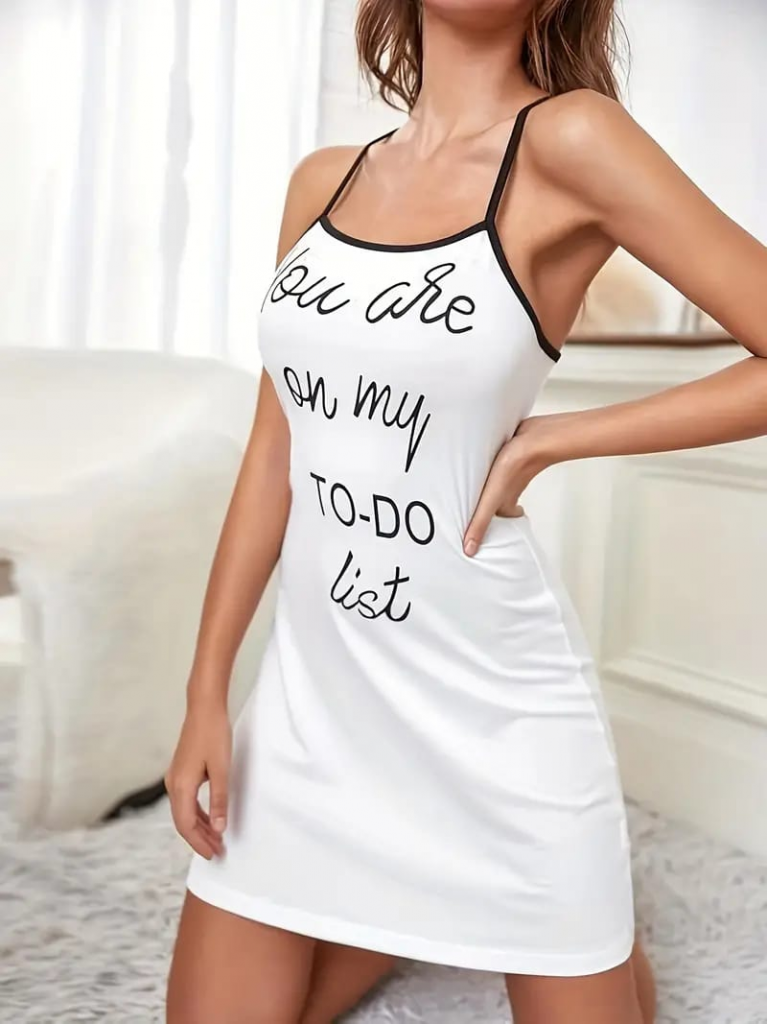 Kadın Kolsuz Askılı Sırt çapraz Detay To Do List Baskı Süprem Gecelik Elbise - Görsel 3