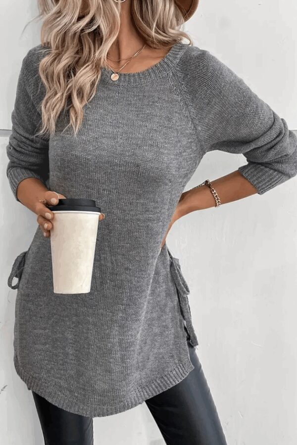 Kadın Uzun Kollu Yuvarlak Yakalı Yanlardan Bağcıklı Triko Bluz