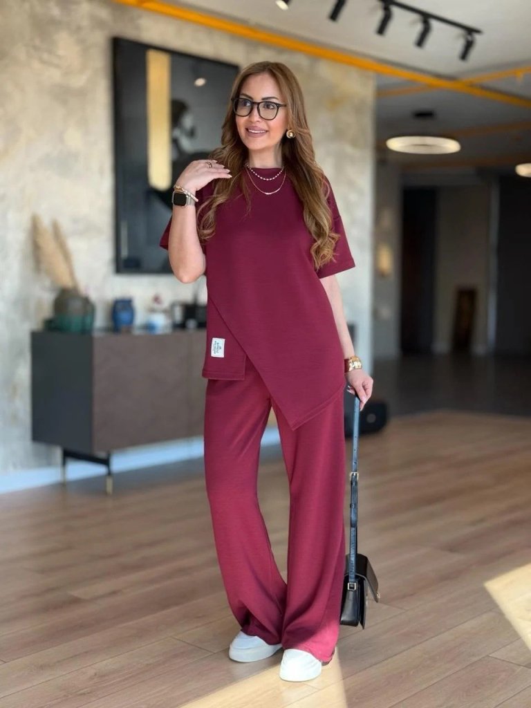 Kadın Kısa Kollu Bisiklet Yaka Asimetrik Viskon Iki Iplik Bluz Ve Pantolon Ikili Takım - Görsel 2