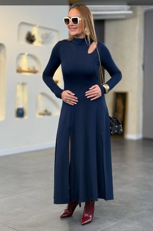 Kadın Balıkçı Yaka Damla Detaylı Yırtmaçlı Uzun Viskon Iki Iplik Maxi Elbise - Görsel 14