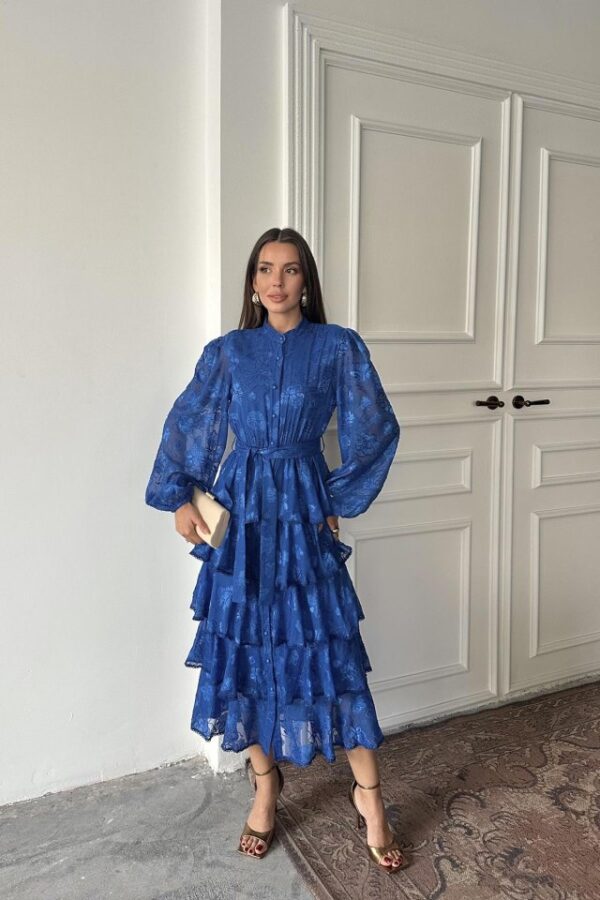 Zümrüt Valonlu Şeritli Kat Kat Elbise