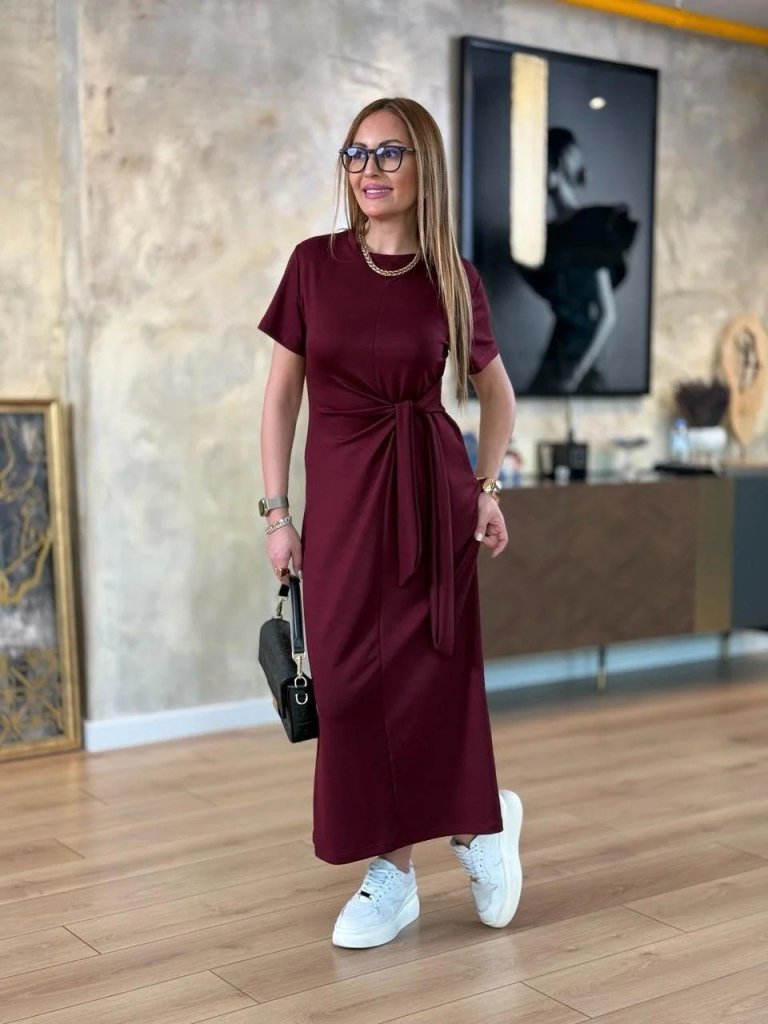 Kadın Kısa Kollu Bisiklet Yaka Yandan Bağlamalı Viskon Iki Iplik Elbise - Görsel 10