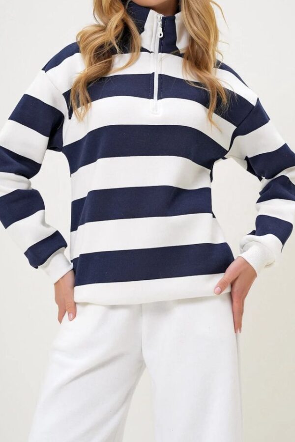 Kadın Uzun Kollu Balıkçı Yaka Fermuar Detay şeritli üç Iplik Kumaş Sweat