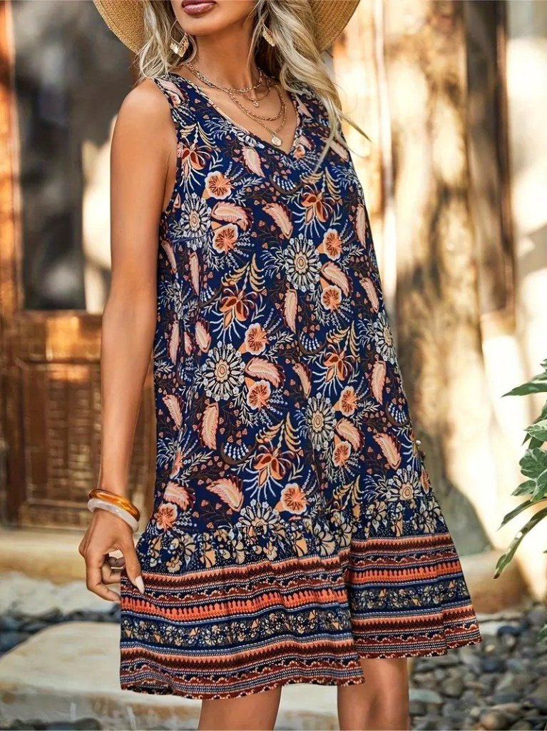 Kadın Askılı V Yakalı Fırfırlı Desenli Süprem Kısa Elbise - Görsel 5