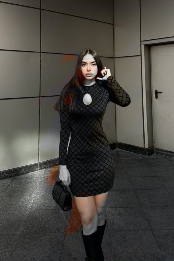 Kadın Uzun Kollu Damla Detay Flok Baskı Dalgıç Mini Elbise