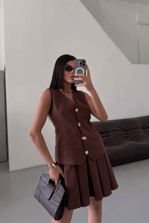 YELEK - PİLELİ ETEK GÖRÜNÜMLÜ ELBİSE - Kahverengi