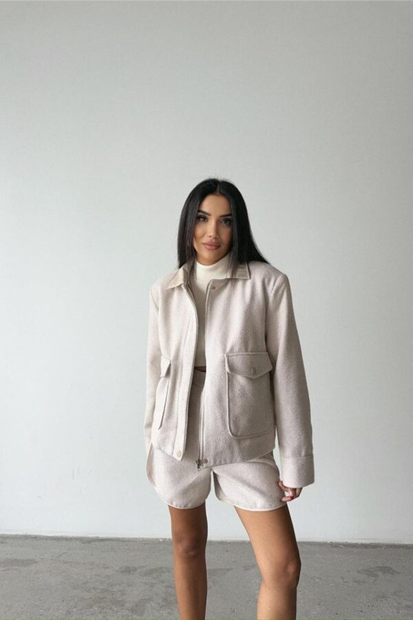 BALIKSIRTI KAŞE FERMUARLI CEKET KISA - Taş