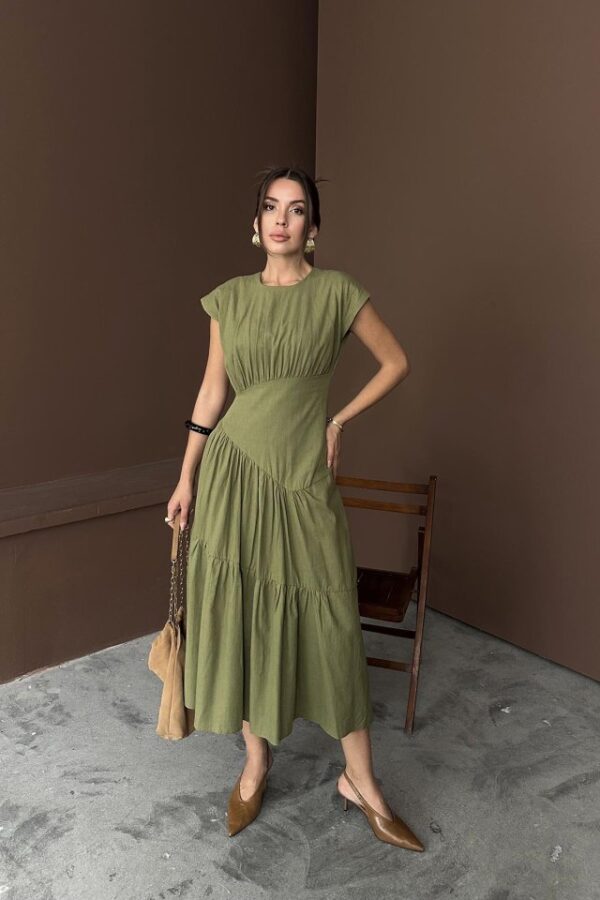Haki Büzgü Detaylı Keten Elbise