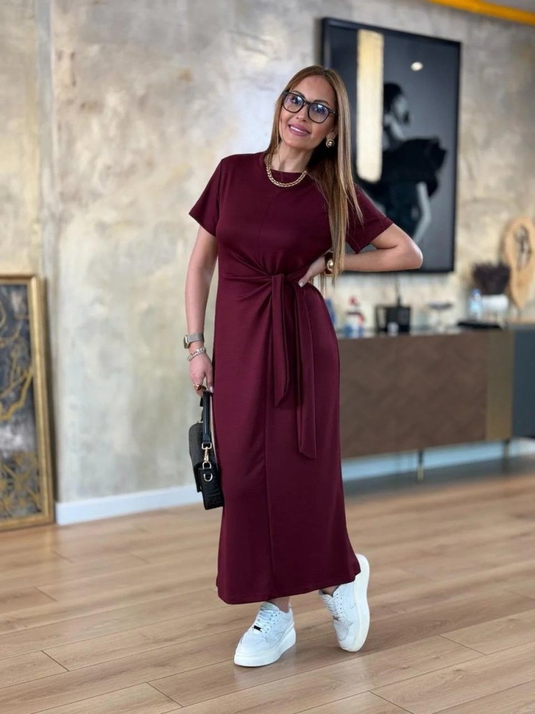 Kadın Kısa Kollu Bisiklet Yaka Yandan Bağlamalı Viskon Iki Iplik Elbise - Görsel 8