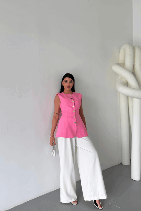 KETEN YELEK BELDEN OTURTMALISIRALI DÜĞME DETAYLI - Beyaz