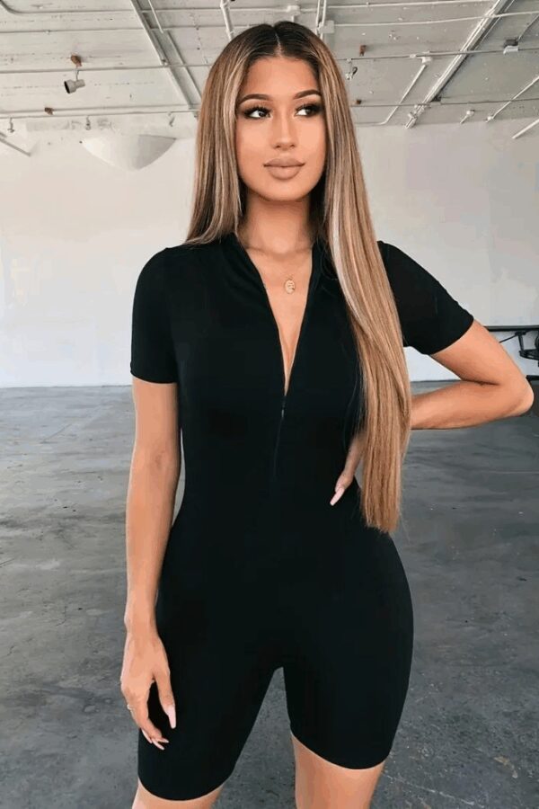 Kadın Kısa Kollu önü Fermuarlı Bodycon Dalgıç Tulum