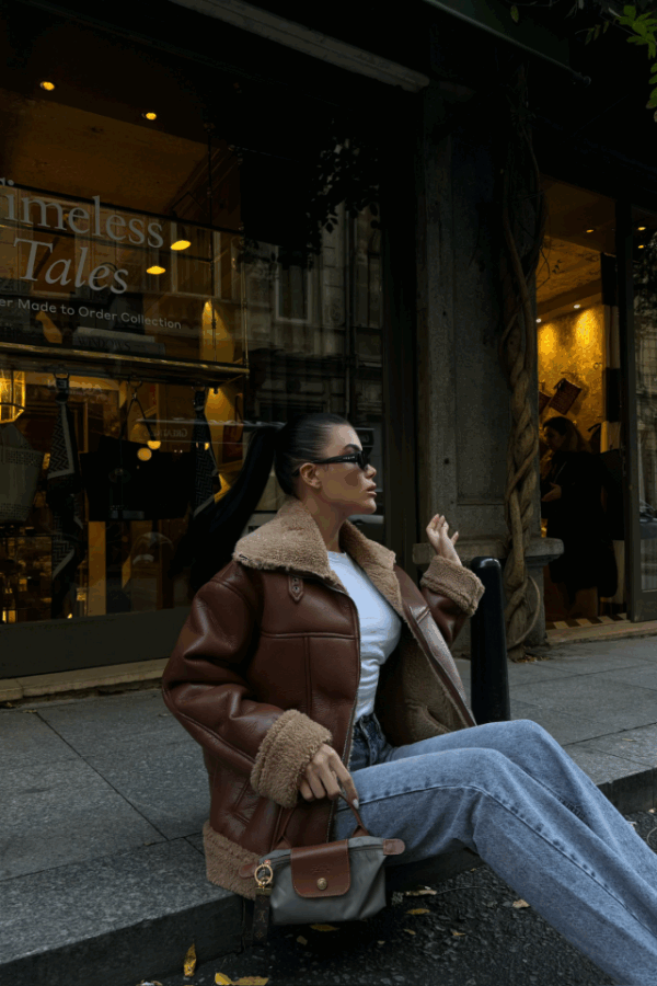 YAKA VE KOL MANŞET KÜRK DETAYLI DERİ MONT - Vizon