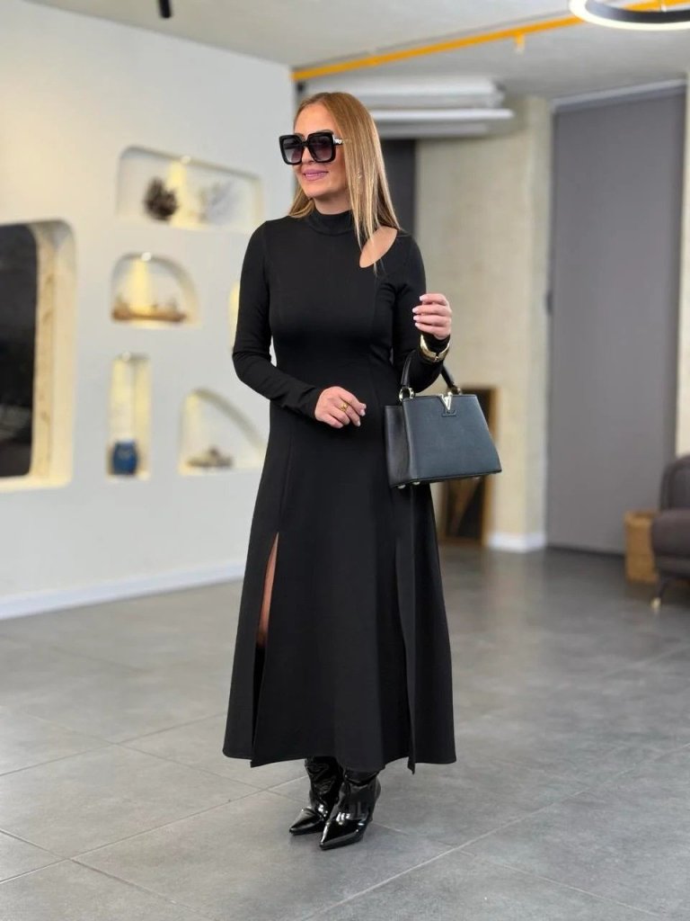 Kadın Balıkçı Yaka Damla Detaylı Yırtmaçlı Uzun Viskon Iki Iplik Maxi Elbise - Görsel 2