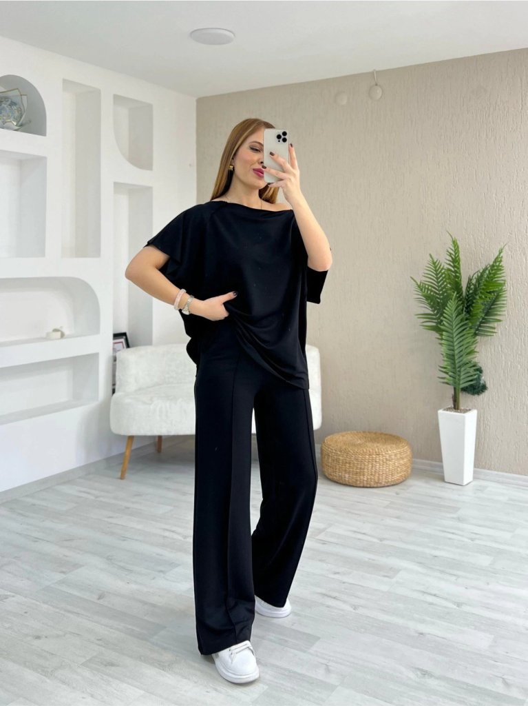 Kadın Kısa Kollu Kayık Yakalı Dikiş Izi Detaylı Viskon Iki Iplik Bluz Ve Pantolon Ikili Takım - Görsel 4