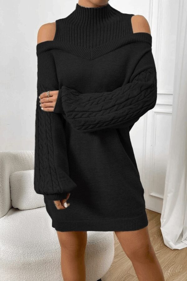 Kadın Uzun Kollu Saç örgü Balıkçı Yaka Detay Triko Elbise